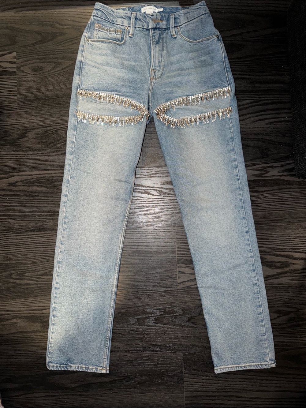 Good American Light Wash Straight-Leg Jeans with Silver Crystal Trim